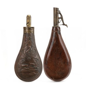 An antique powder flask, together with an antique leather shot flask, 19th century, (2 items), the larger 21.5cm long