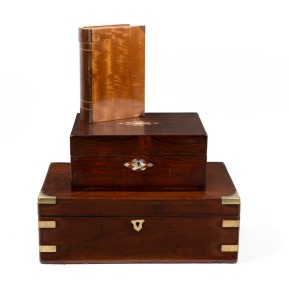 An antique Australian book box, Queensland origin, 19th/20th century; together with an antique brass bound mahogany writing box and a rosewood deed box, (3 items), the book box 20cm high