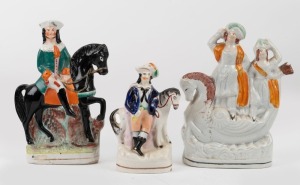 STAFFORDSHIRE group of three antique English pottery statues with horse themes, 19th century, the largest 22cm high