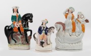 STAFFORDSHIRE&nbsp;group of three antique English pottery statues with horse themes, 19th century, the largest 22cm high