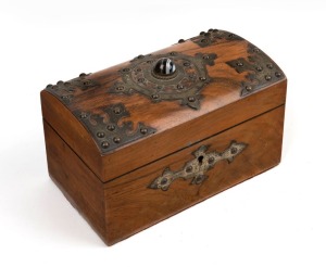 An antique English walnut domed top tea caddy with ornate gilt metal mounts in the Gothic style with cabochon agate decoration, mid 19th century, 13cm high, 20cm wide, 11cm deep