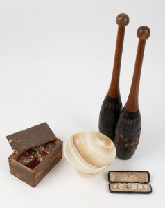 A pair of calisthenics clubs, a vintage Italian onyx comport, and a box of kauri gum, and assorted studs and buttons in case, (5 items)