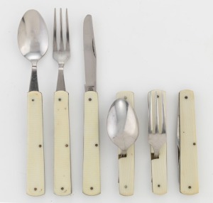 Six pieces of Japanese campaign style folding cutlery with ivoreen handles, early 20th century,