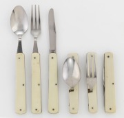 Six pieces of Japanese campaign style folding cutlery with ivoreen handles, early 20th century,