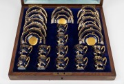 LIMOGES fine quality 24 piece antique French porcelain blue and gilt coffee set, housed in a plush fitted oak case, 19th century, ​​​​​​​the case 46cm wide