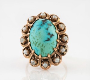 A vintage 9ct yellow gold cocktail ring, set with a cabochon turquoise stone, surrounded by seed pearls, stamped "9ct", 11.7 grams total