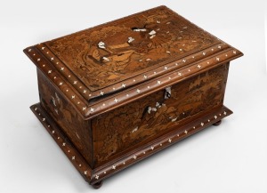 An antique Ceylonese rosewood casket with marquetry decoration, and ivory and bone highlights, 19th/20th Century, 29cm high, 51cm wide, 36cm deep.
