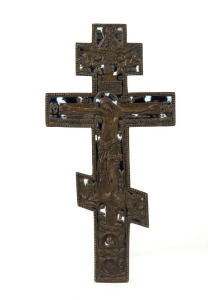 OLD BELIEVER bronze cross with blue enamel decoration, 20th century, ​​​​​​​35cm high