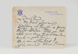 PHIL MAY (1864-1903), caricaturist&nbsp;for Punch Magazine, autograph on Devonshire Club card, St James's Street, London.