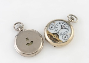 HEBDOMAS Swiss made 8 day pocket watch in nickel case with centre seconds, date subsidiary, day of the week subsidiary and exposed movement, together with a nickel plated aperture dial pocket watch with jump hours, 19th/20th century, (2 items), the larger 7cm high including bow