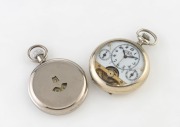 HEBDOMAS&nbsp;Swiss made 8 day pocket watch in nickel case with centre seconds, date subsidiary, day of the week subsidiary and exposed movement, together with a nickel plated aperture dial pocket watch with jump hours, 19th/20th century, (2 items), the larger