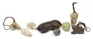 Eight assorted Chinese carved jade and stone ornaments, mixed vintages, the largest 10cm long