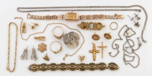 CYMA lady's watch with 9ct gold bracelet band, two gold rings, an 18ct gold crucifix pendant, together with an assorted lot of silver and gold plated jewellery, 20th century, (qty), approximately 13 grams gold weight