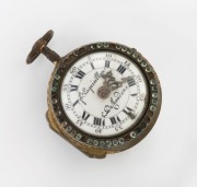 An antique French pair cased lady's pocket watch with gilt metal finish, rhinestone bezel and pictorial enamel back, 19th century, ​​​​​​​5.5cm high including bow