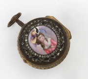 An antique French pair cased lady's pocket watch with gilt metal finish, rhinestone bezel and pictorial enamel back, 19th century, ​​​​​​​5.5cm high including bow - 2