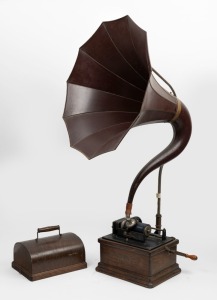EDISON FIRESIDE COMBINATION TYPE PHONOGRAPH with burgundy and gilt painted horn, early 20th century, 99cm high overall