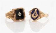 A 9ct gold Masonic swivel top signet ring; together with a 9ct gold, onyx and diamond signet ring, (2 items), both stamped "9ct", 11.2 grams total