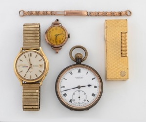 An antique steel cased pocket watch retailed by Thomas Gaunt & Co., Melbourne; a vintage 9ct gold case lady's watch; SEIKO automatic gent's watch and a DUNHILL gold plated cigarette lighter, (4 items)