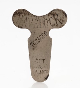 HAVELOCK TOBACCO metal key tin opener, stamped "HAVELOCK TOBACCO, CUT AND PLUG", 19th/20th century, rare, 6cm high