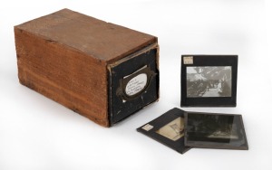 Various magic lantern slides in a storage box; subjects noted include Ceylon, anatomy, pre-historic animals, etc. (30+).