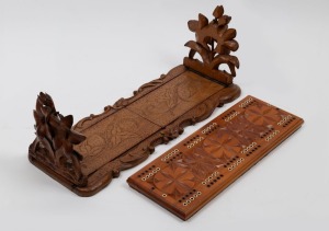 A vintage chip carved kauri pine cribbage board, together with a South Australian King Billy Pine carved timber folding bookstand&nbsp;in the German style, 19th and mid 20th century, (2 items), 39cm and 49cm wide