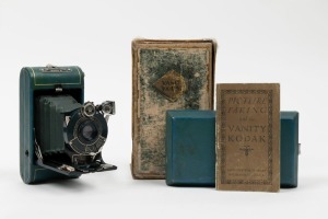 KODAK unusual blue leather camera in blue leather case with original box and booklet, 20th century