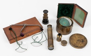 Antique brass cased compass, two pocket telescopes, pocket microscope, gold scales and an antique photo case, 19th century, (6 items), ​​​​​​​the scales 20cm wide