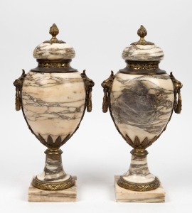 A pair of antique Sienna marble mantle urns with gilt metal mounts, 19th century, 41cm high