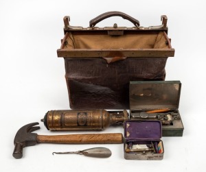 Gladstone bag, vintage hammer, shaving kit, fire extinguisher and a portable hair curling kit, 19th/20th century