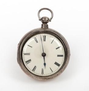 A Georgian sterling silver pair cased pocket watch with verge chain fusee movement, early 19th century, 8cm high including bow