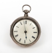 A Georgian sterling silver pair cased pocket watch with verge chain fusee movement, early 19th century, ​​​​​​​8cm high including bow