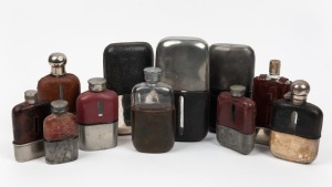 WHISKY FLASKS group of eleven assorted antique and vintage leather mounted examples with silver plate and pewter fittings, 19th and 20th century, the largest 16cm high