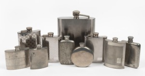 WHISKY FLASKS group of ten assorted antique metal examples including stainless steel, pewter and silver plate, mixed vintages, the largest an impressive 1.2 litres, 21cm high