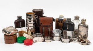 WHISKY flasks, parts & assorted stackable and collapsible cups, 19th and 20th century, (qty)