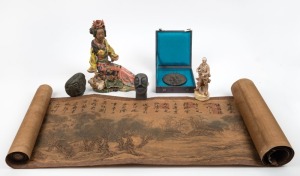 A Chinese scroll, a Han Chinese bronze mirror in box, a Chinese ceramic statue of a seated lady, an Inuit stone carving, a pewter Viking head handle and a WWI bisque porcelain stature of a solider, (6 items), the largest 24cm high