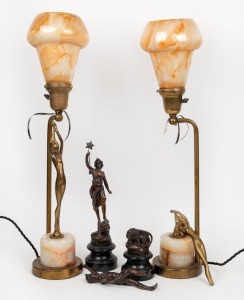 A pair of antique cast spelter statues, together with a pair of figural Art Deco table lamps, (damaged), (4 items),