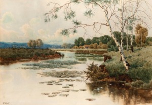 HENRI TEBBITT (1852-1926), (lily pond and farm), watercolour, signed lower left "H. Tebbitt", 53 x 76cm, 83 x 108cm overall