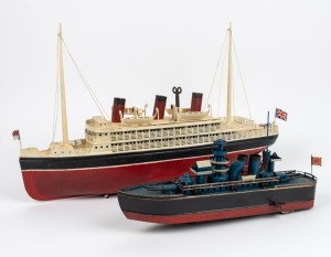 Two hand-painted tinplate model boats, 20th century, 35cm and 50cm long