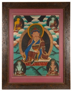 A pair of Tibetan hand-painted Tangkas, 20th century, ​​​​​​​the larger 108 x 78cm overall