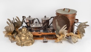 Silver plated tea ware, brass cockerel statue, brass Buddha statue, nickel plated lamp, unusual scale, and copper boiler, 19th and 20th century, (qty)