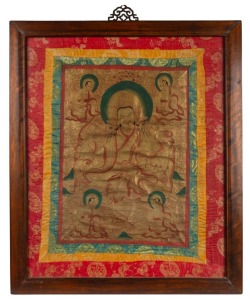 An antique Tibetan Tangka, hand-painted on silk with red border, 19th/20th century, 84 x 71cm overall