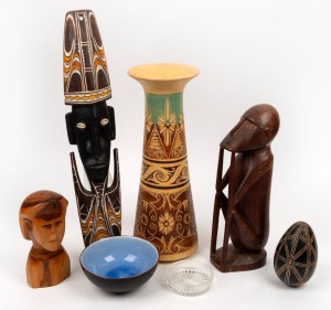 Tribal ornaments, vase and bowls, 20th century, (7 items),&nbsp; ​​​​​​​the vase 38cm high