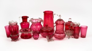 RUBY GLASS assortment of jugs, bowls, vases, beakers and salts, mixed condition, mostly 19th century, (14 items), the largest 19.5cm high
