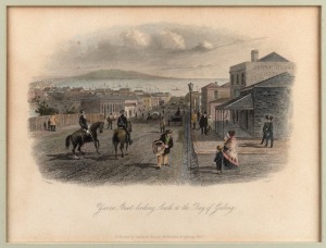 SAMUEL THOMAS GILL, Yarra Street Looking South to The Bay Of Geelong, hand-coloured engraving, 15 x 20cm, 32 x 36cm overall. Together with a Lorna Martin Coastal scene watercolour, signed lower left "Lorna Martin",&nbsp;26 x 36cm, 46 x 56cm overall, (2 items)
