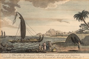 Four framed antique coloured engravings of South Pacific scenes: I.) View In Anamooka, And The Inhabitants, II.) View Of Oonalashka, And The Inhabitants, III.) Habitations And People Of The Island Of Atooi, IV.) A View Of The New Discovered Island Of Ulie