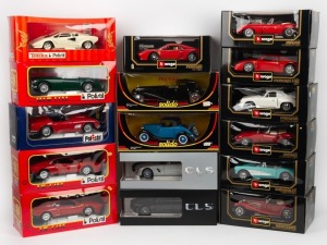 Sixteen assorted boxed model cars comprising of BURAGO 1:18 and 1:20 (6), POLISTIL (5), MERCEDES BENZ (2), SOLIDO "Prestige" (2), (16 items)