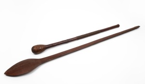 Pacific Islands war club, together with a South African Zulu war club, (2 items), 115cm and 79cm long