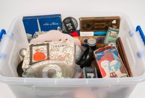 MISCELLANEOUS GROUP: Including antique box, brass plates, perfume bottles cosmetics etc. Inspection will reward.