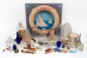 MISCELLANEOUS: Assortment of cosmetic and perfume bottles, jars, stoppers etc., mixed vintages and condition, (qty). Inspection will reward.