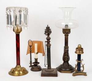 Five assorted antique and vintage candle lights, two examples with glass shades, 19th and 20th century, the largest 50cm high